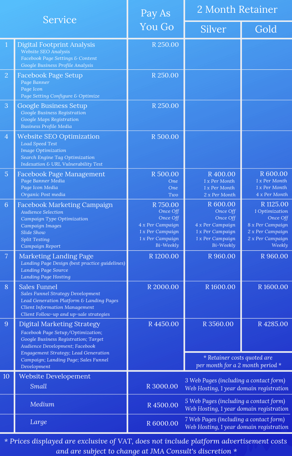JMA Consult Service Price List